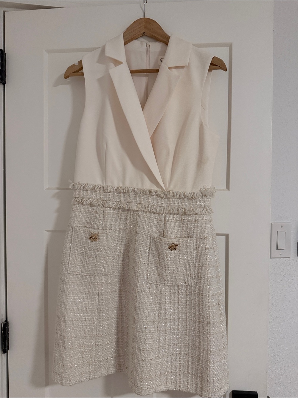 Eliza J Cream Sleeveless Tweed-Trim Sheath Dress
